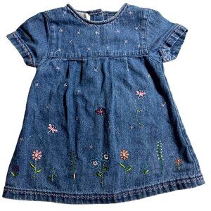 Adorable Blue Denim Baby Dress 12 Mo Dragonfly Flowers Back Buttons Cotton